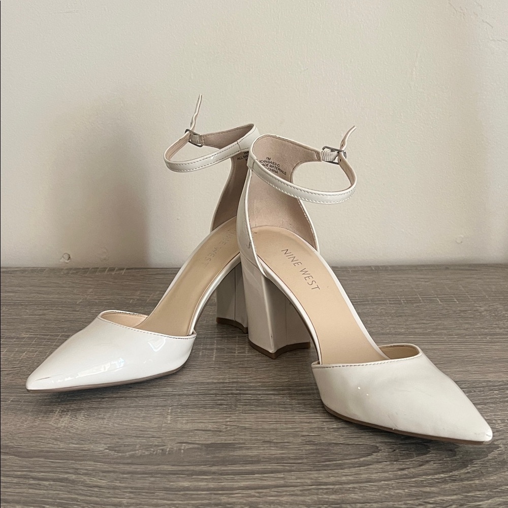Nine West White Patent Ankle-Strap Pointed-Toe Block Heels